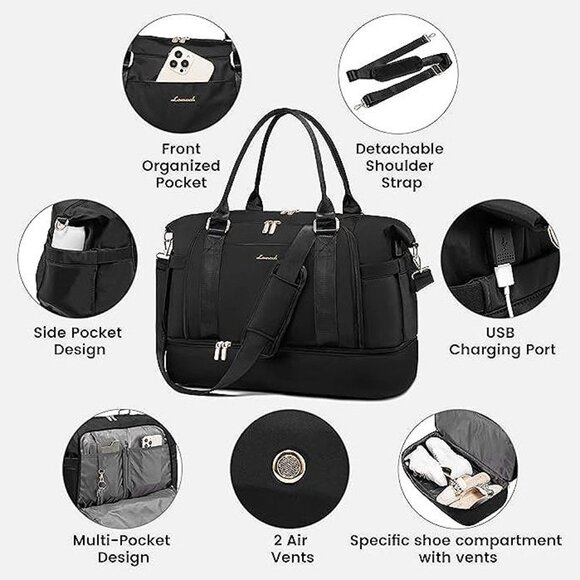 Gym Bag for Women  Travel Duffel Bag with USB Charging Port, Black - Picture 7 of 8